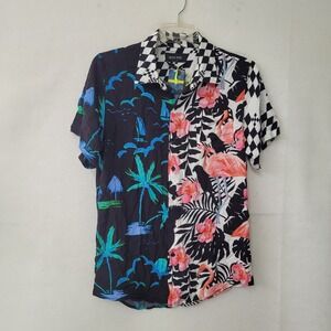 Smoke Rise Shirt Mens M Black White Paradise Rayon‎ Flamingo Palm Tree Day Night